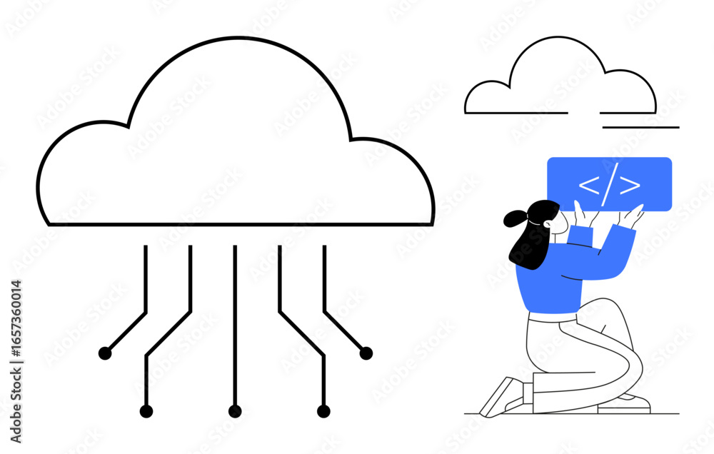 Poster woman kneeling with coding screen near large cloud symbol with connections. ideal for technology, cl