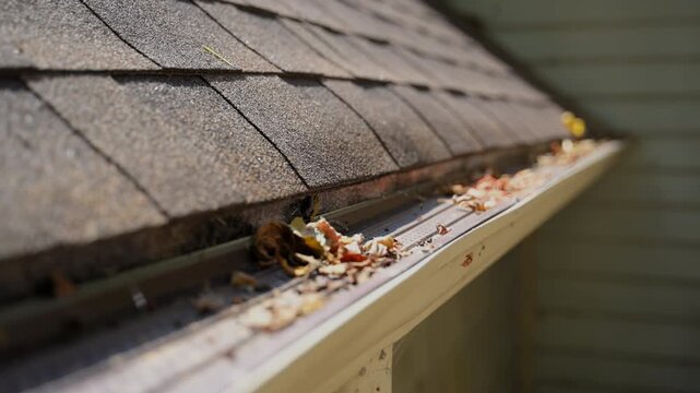 Dirt, debris, fallen leaves from rooftop gutter drain that has become clogged problem. Close up stabile shot