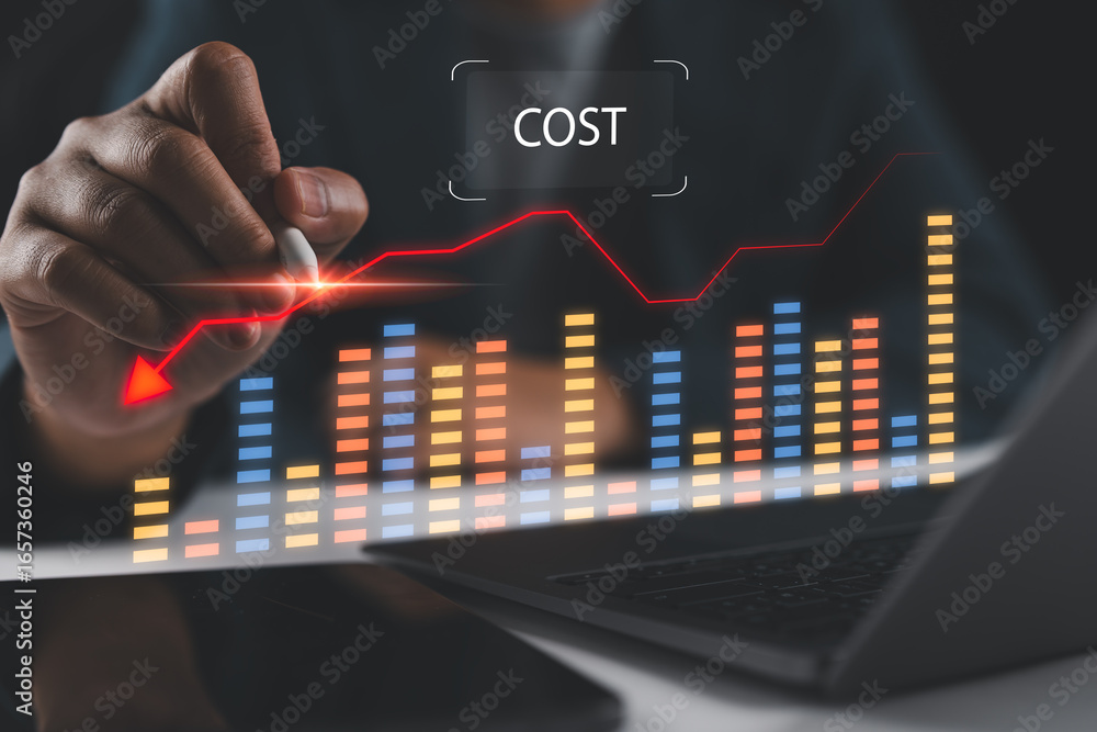Aufkleber cost reduction concept. businessman pointing down arrow of the graph with cost reduction business fi