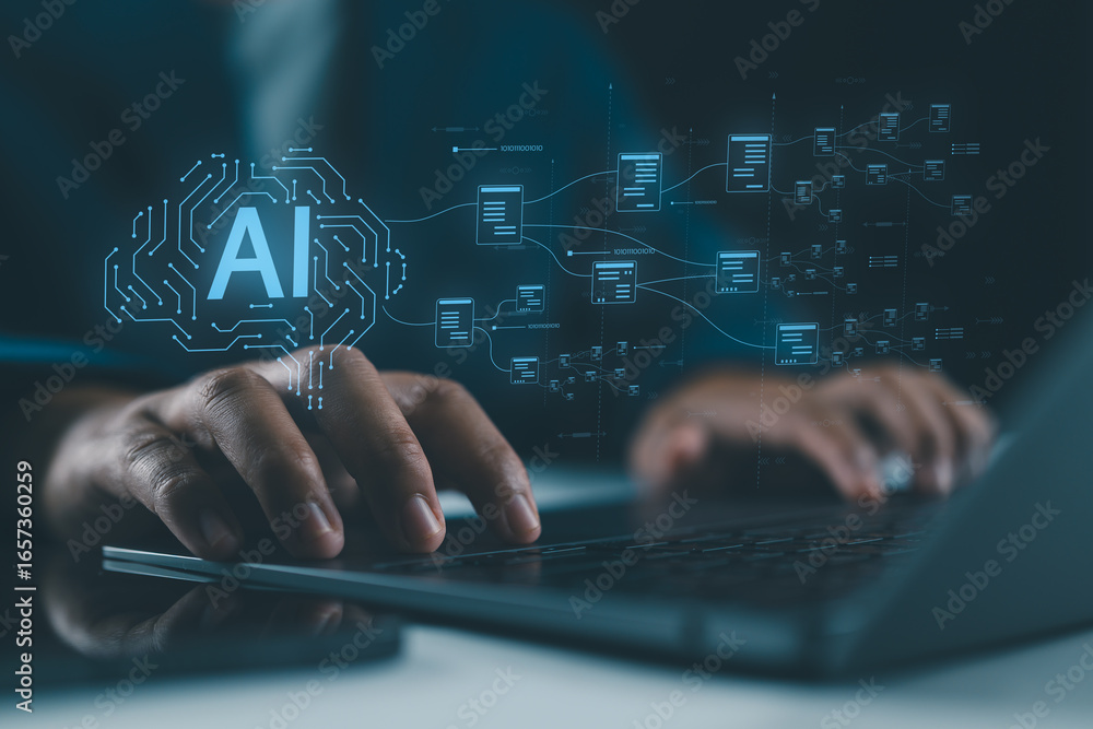 Poster ai or artificial intelligence concept. businessman using laptop use ai to help business and used in 
