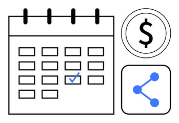 Calendar with a highlighted date, monetary symbol, and connection nodes representing planning, budget management, network sharing, event organization, collaboration, scheduling, and content creation