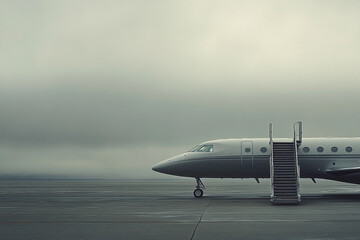 Obraz premium Private jet stands ready on the tarmac under a moody, overcast sky