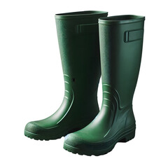 Pair of tall green rubber wellington boots on a black background