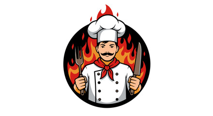A confident male chef, wearing a classic white hat and uniform, holds a fork and knife within a fiery circular emblem, ideal for culinary branding.