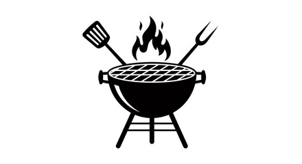 A classic black silhouette of a barbecue grill with flames and utensils, perfect for culinary or outdoor event designs.