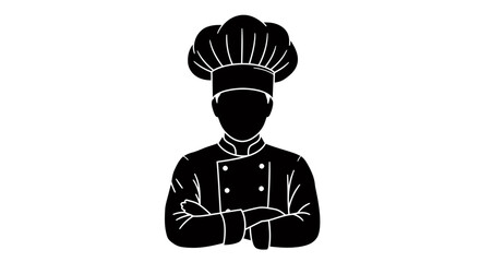 A professional chef silhouette wearing a traditional toque and uniform stands with arms crossed, depicted as a clean vector graphic.