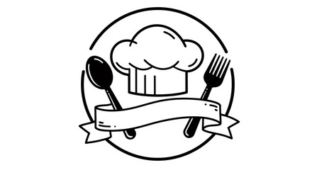 A simple black and white graphic illustration featuring a chef's hat, crossed spoon and fork, and a ribbon banner inside a circle.
