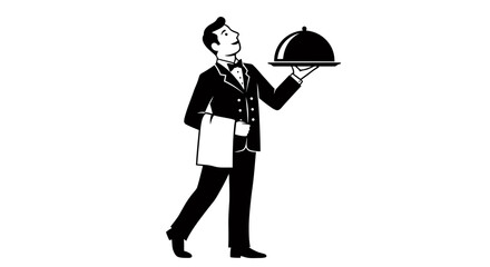 A sophisticated waiter in a classic tuxedo gracefully holds a covered serving tray, depicted as a stylish monochromatic vector illustration.