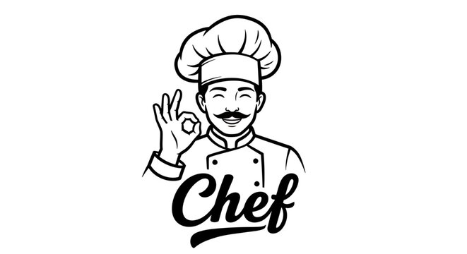 A smiling male chef wearing a classic hat and uniform makes an 'OK' gesture, presented as a stylish monochrome vector illustration with the word 'Chef'.