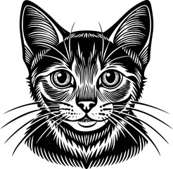 Detailed monochrome illustration of a cat's face with prominent whiskers and eyes