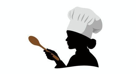 Silhouette of a chef wearing a tall white toque hat, holding a wooden spoon, ready to prepare culinary delights in a professional kitchen.