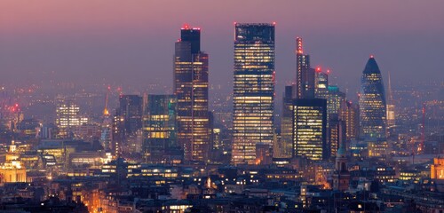 Obraz premium City skyline at twilight, illuminated skyscrapers