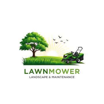 Green lawn mower and tree logo under sunburst with PNG file isolated on white transparent background hd file download.