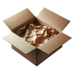 Open cardboard box filled with crumpled brown packing paper on a black background