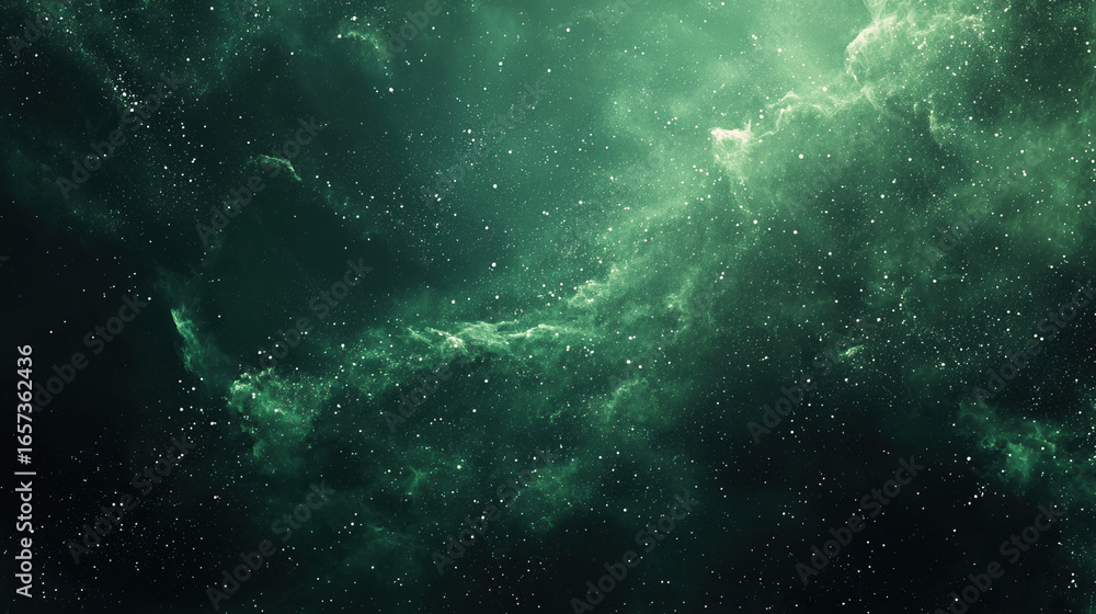 Sticker a green background with particles or elements randomly drifting in space.