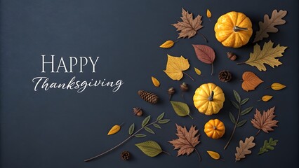Autumnal Thanksgiving Flat Lay with Pumpkins, Leaves, and Acorns on a Dark Background Featuring a "Happy Thanksgiving" Greeting