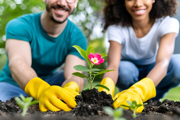 Happy couple planting flower together in garden, enjoying quality time and sustainable living