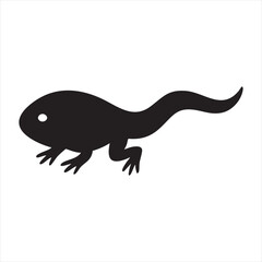 A simple black silhouette of a tadpole showing its developing legs and long tail. This silhouette style is a distinctive feature