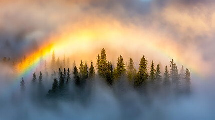Obraz premium Rainbow arches over misty forest, creating stunning contrast against fog. vibrant colors of rainbow stand out beautifully among tall evergreen