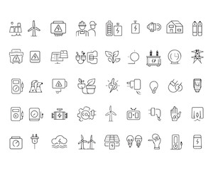 Set of line icons related to energy, electrical energy, electricity. Outline icon collection