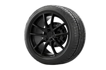 Black vehicle wheel and tire, full view