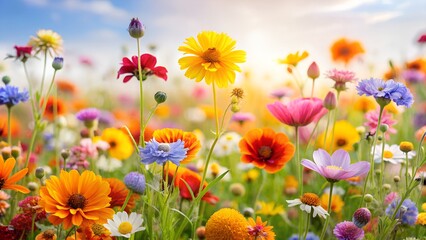 Vibrant Wildflower Meadow in Full Bloom Under a Sunny Sky Nature s Beauty