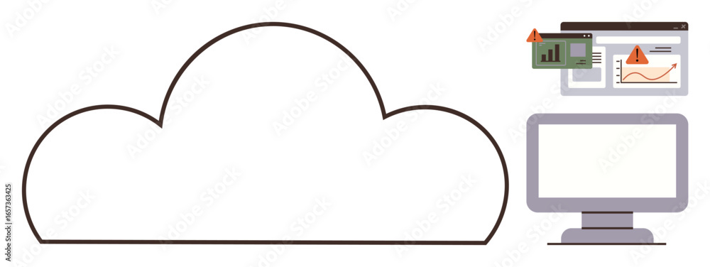 Poster cloud outline with monitor and analytics dashboards displaying error symbols. ideal for technology, 