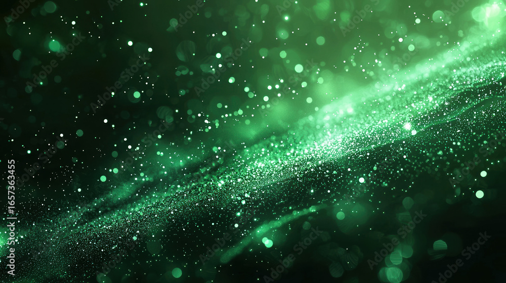 Wall mural a green background with particles or elements randomly drifting in space.