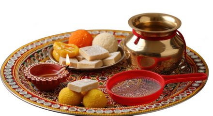 Festive Feast: A beautifully arranged platter laden with an array of colorful sweets and traditional elements, capturing the essence of joy and celebration. 