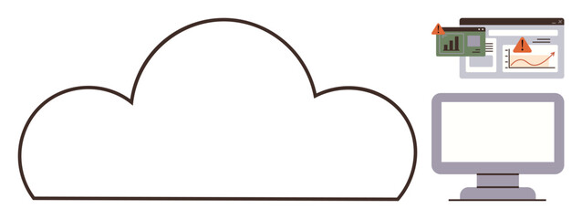 Cloud outline with monitor and analytics dashboards displaying error symbols. Ideal for technology, cloud computing, data storage, cybersecurity, system error, IT management, simple flat metaphor