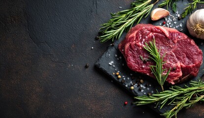 Raw steak on dark slate with herbs and spices