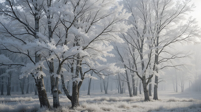 Birch trees covered with hoarfrost