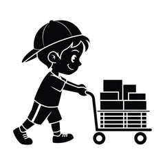 Black silhouette vector illustration of child pushing cart with boxes