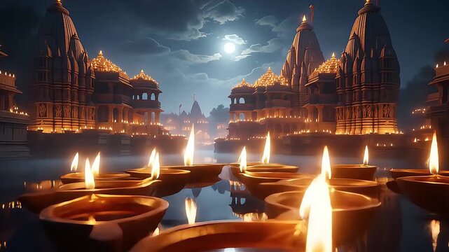 Spiritual dwarka city reflections temple illuminated with candles at dusk capturing the divine essence with serene tranquility and ancient architecture