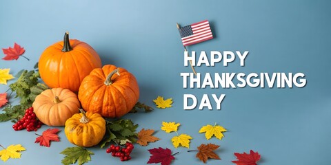 Festive Thanksgiving Display Pumpkins American Flag and Autumn Leaves Conveying Gratitude and Holiday Cheer
