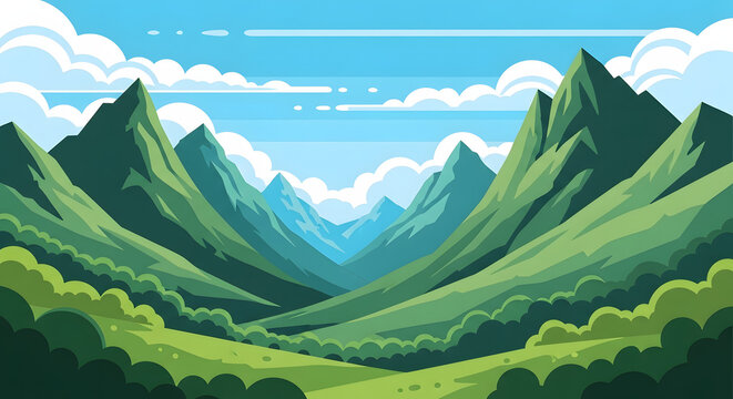 Green Mountain Valley with Blue Sky and Clouds Scenic Landscape