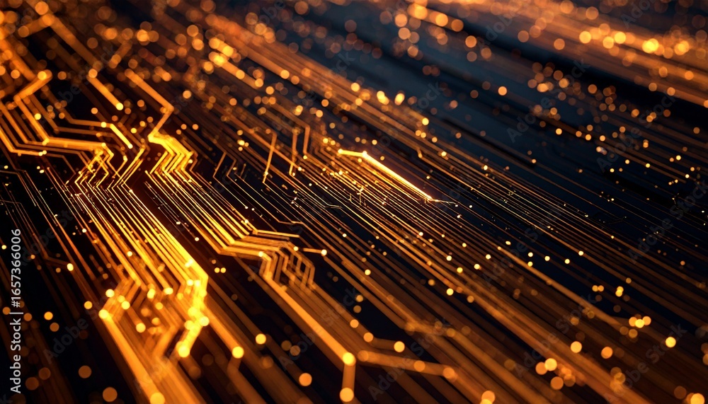 Poster close-up abstract circuit board pattern, golden traces with glowing points, futuristic hardware back