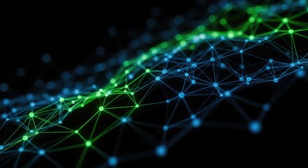 Abstract Network: Green and Blue Connected Nodes on Black Background