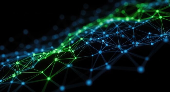 Abstract Network: Green and Blue Connected Nodes on Black Background