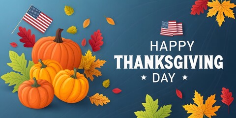 Festive Thanksgiving Celebration with Pumpkins, American Flags, and Autumn Leaves against a Blue Background Wishing a Happy Thanksgiving Day