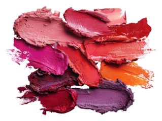 Swirls of various lip colors.  A close-up view of smudged swatches of lip products in a range of shades, from pinks to reds and oranges, layered on a black background