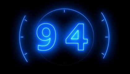 Glowing blue neon numbers ninety-four on a dark background within a circular timer