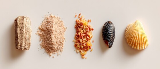 Light beige background with four disparate objects a chunk of light brown material, a pile of light beige powder, a scattering of reddish-orange grains, and a seashell