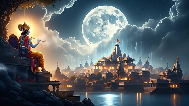 Mystical dwarka city under moonlight Lord Krishna playing flute inspiring ancient spirituality and serene beauty a unique digital artwork for Janmashtami Govardhan Puja