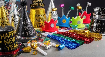 New Year's Eve Party Supplies: A collection of vibrant and festive party hats, noisemakers, and decorations, perfect for a joyful New Year's Eve celebration.