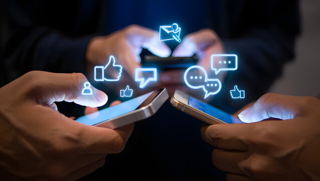 Digital Dialogue: An illuminated snapshot of hands deeply engrossed in the use of modern smartphones, illuminating digital social symbols.