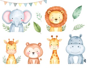 Cute watercolor animal illustrations; elephant, lion, giraffe, hippo, bear