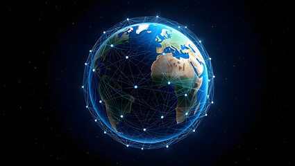 Obraz premium Digital World: A mesmerizing depiction of the planet earth, enveloped by a luminous network of interconnected nodes, symbolizing the boundless reach of global connectivity. 