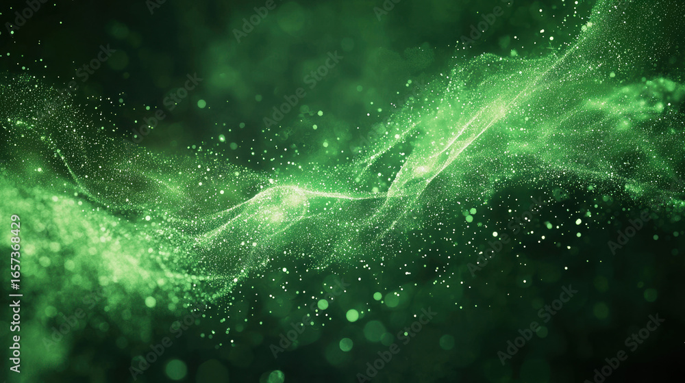 Sticker a green background with particles or elements randomly drifting in space.