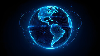 Obraz premium Digital Earth: A stunning, photorealistic depiction of the digital Earth in an electrifying blue hue, symbolizing the interconnectedness of global networks and data. 